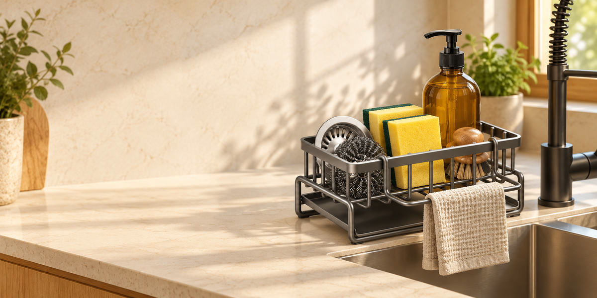 Dark sink caddy with sponges, a dishcloth and washing-up essentials beside a kitchen sink